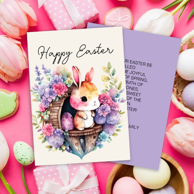 Söt kanin påsk lycklig påsk familjenamn julkort (Cute Easter bunny with pink and purple flowers greeting card)