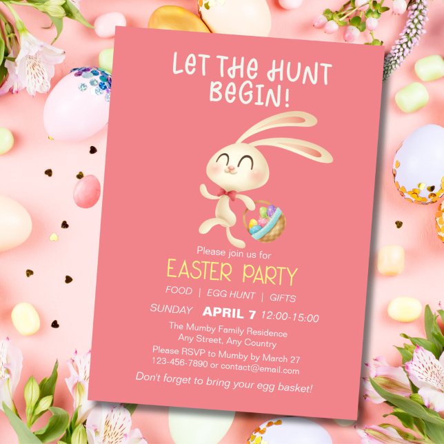 Söt kanin påskbrunch äggjakt inbjudan (Easter Party Invitation with Cute Bunny running for egg hunt)
