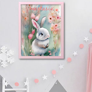 Söt kanin pastell akvarell vårblommor poster
