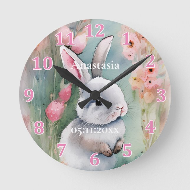 Söt kanin pastell akvarell vårblommor rund klocka (Framsida)