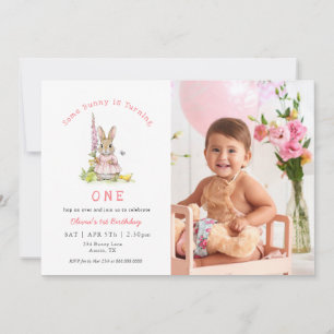 Söt kanin rosa babyflicka 1-års födelsedagsfoto inbjudningar
