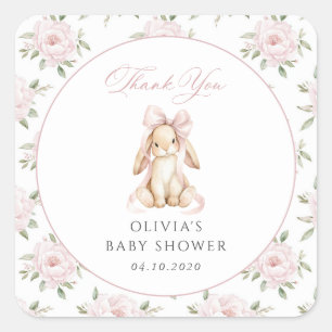 Söt kanin, rosa band, rosa blommor, baby shower fyrkantigt klistermärke