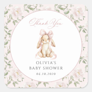 Söt kanin, rosa band, rosa blommor, baby shower fyrkantigt klistermärke
