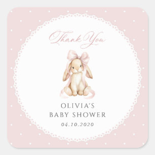 Söt kanin, rosa band, rosa prickar, baby shower fyrkantigt klistermärke