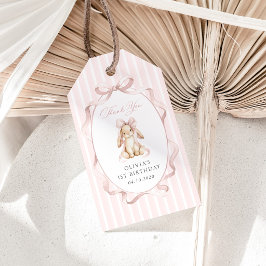 Söt kanin, rosa band, rosa ränder, Första födelsed Presentetikett