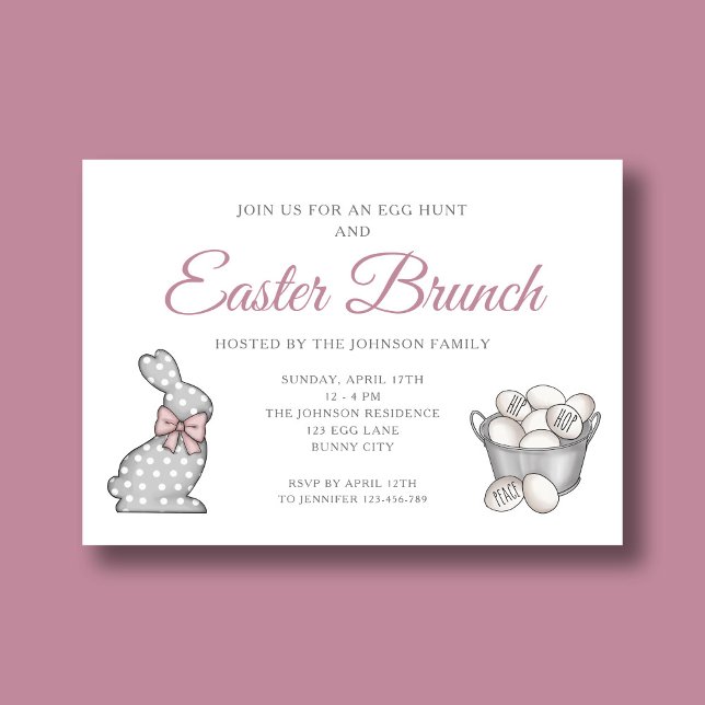 Söt Kanin Rosa Påskbrunch Äggsökning Inbjudningar (Cute Bunny Pink Easter Brunch Egg Hunt Invitation)