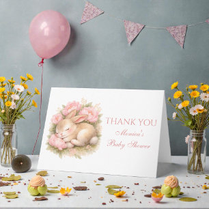 Söt kanin rosa peony baby shower tack kort