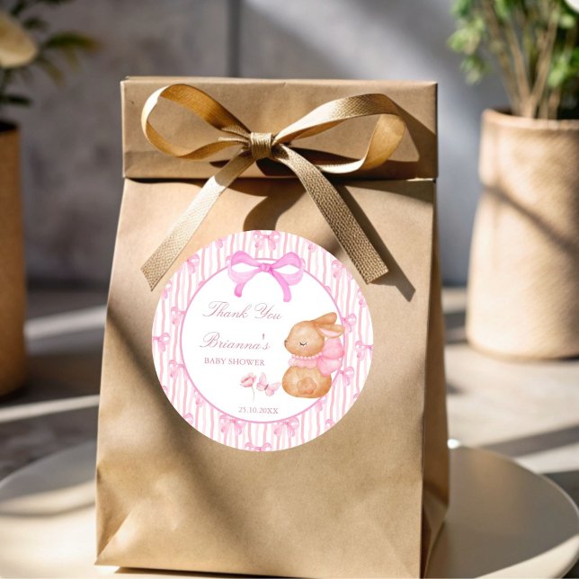 Söt kanin rosa rosett baby shower present runt klistermärke (Cute Bunny pink bow baby shower personalized favor Stickers thank you stickers)