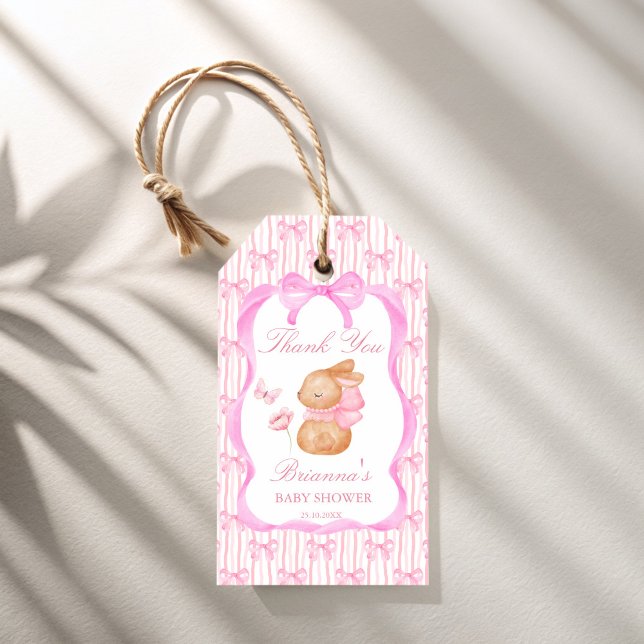 Söt kanin rosa rosett kant flickor baby shower för presentetikett (Cute Bunny pink bow ribbon border girls baby shower personalized favor Gift Tags thank you favor tag)