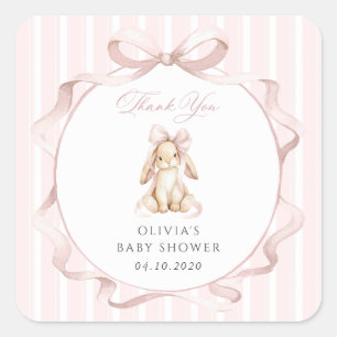 Söt kanin, rosa slinga, rosa ränder, baby shower fyrkantigt klistermärke