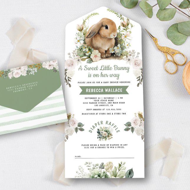 Söt kanin Sagegrön blomster Baby Shower (Skapare uppladdad)