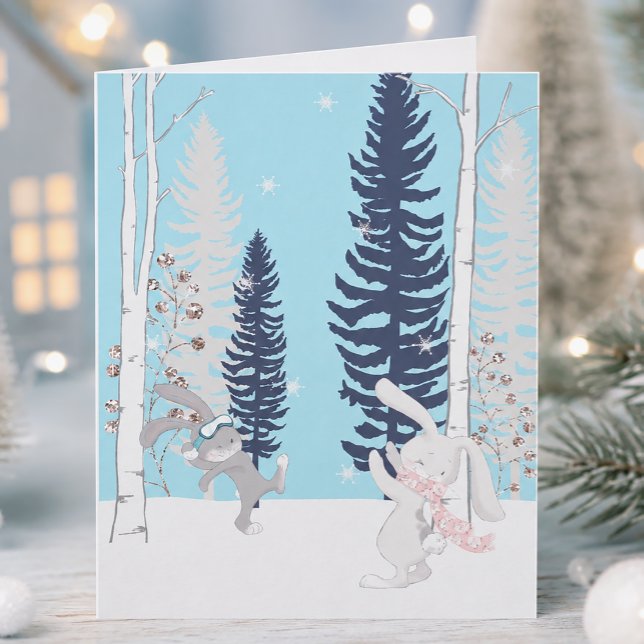 Söt kanin snöbollskrigsemester kort (Whimsical Snowball Fight Christmas Card)