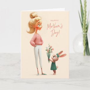 Söt kanin som ger mammadagsblommor till mamma kort