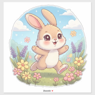 Söt kanin som hoppar i ett blomsterfält klistermärken