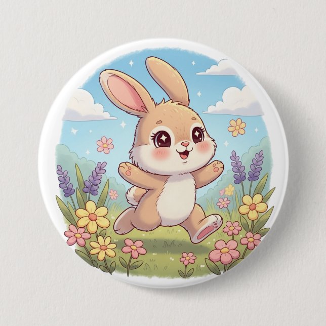 Söt kanin som hoppar i ett blomsterfält knapp (Framsida)