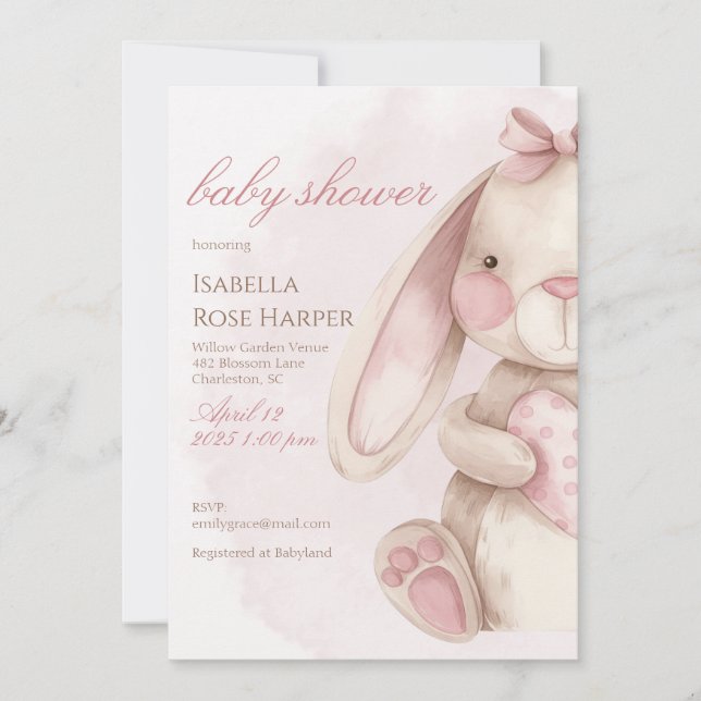 Söt Kanin Vattenfärg Rosa Babyfirande Inbjudningar (Framsida)