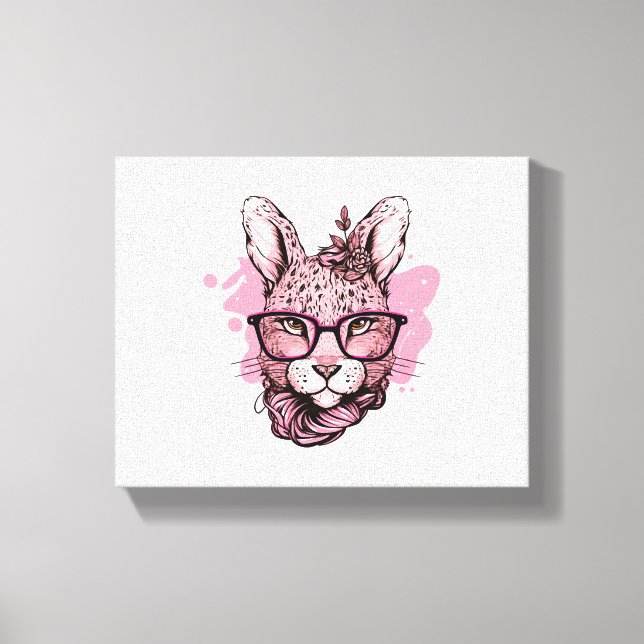 Söt kaninansikte rosa glasögon blommig leopard pås canvastryck (Framsida)
