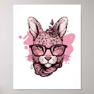Söt kaninansikte rosa glasögon blommig leopard pås poster