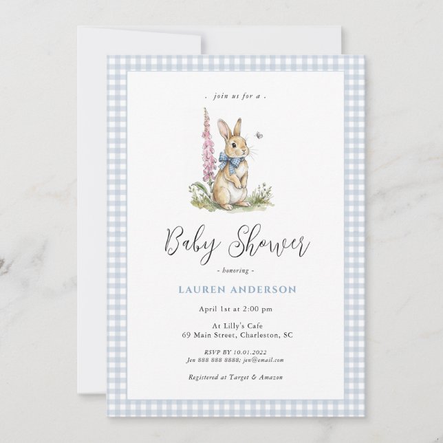 Söt kaninblå baby shower för pojke  inbjudningar (Framsida)