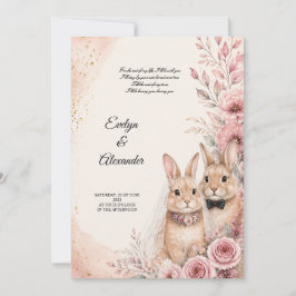 Söt kaninbrud och -brudgum rosa blommor guld vigse inbjudningar
