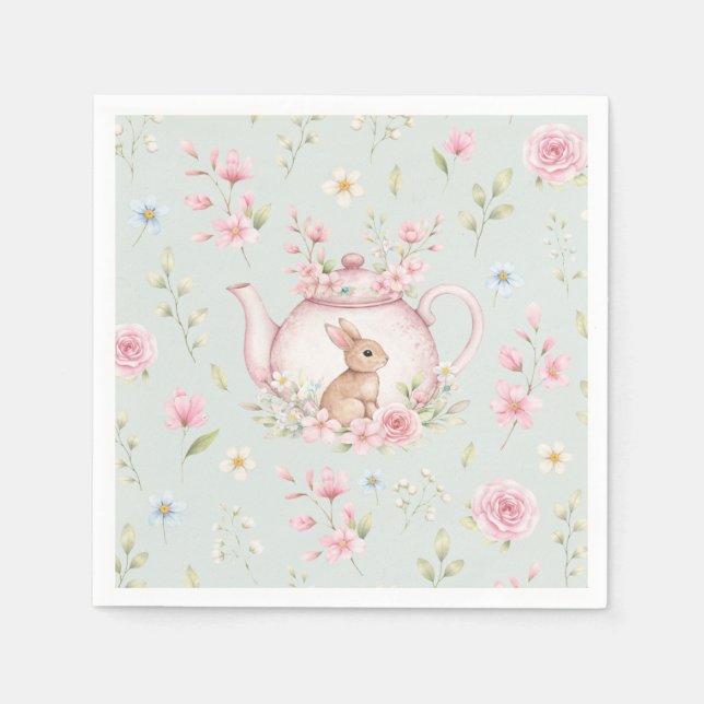 Söt kanintekanna Rosa blommor Vår Pappersservett (Framsidan)