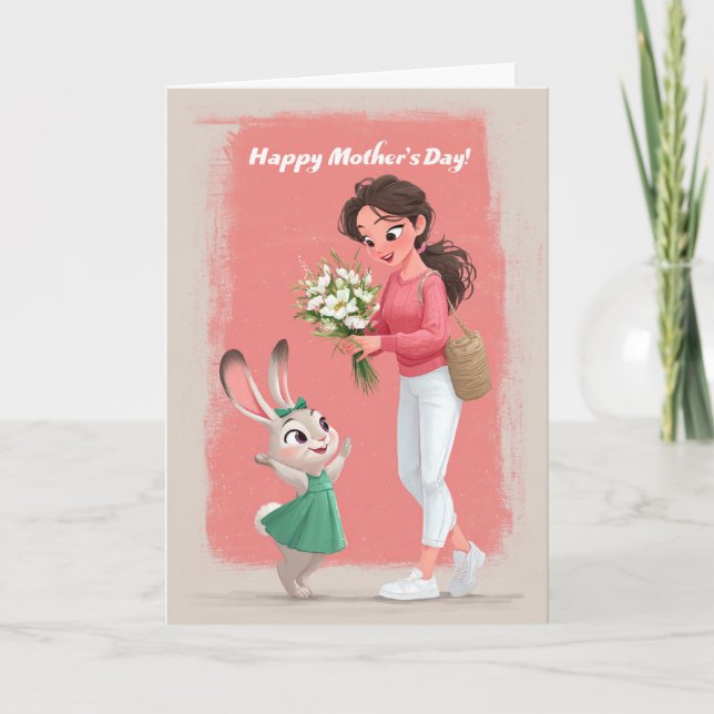 Söt kanintjej ger mammadagsblommor till mamma kort (Framsida)