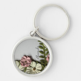 Söt känsliga blommor och namn rund silverfärgad nyckelring