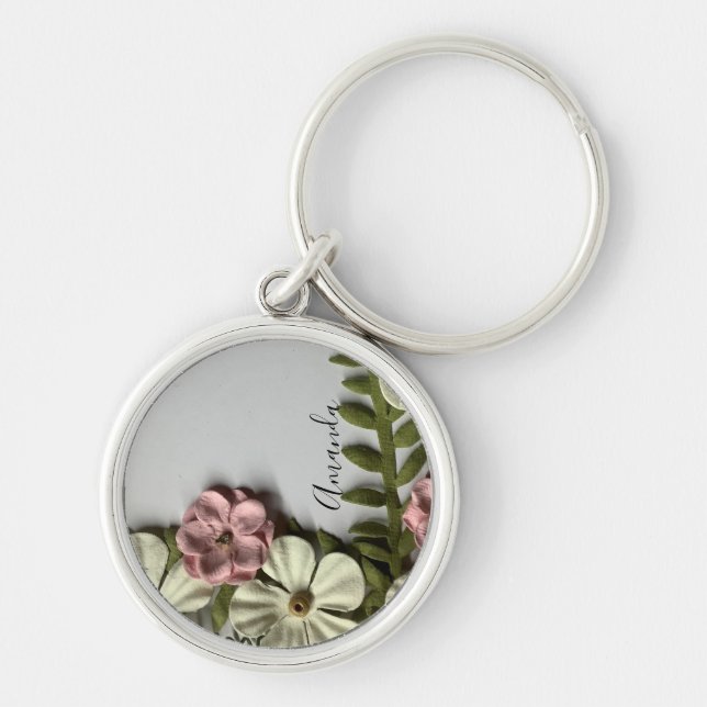 Söt känsliga blommor och namn rund silverfärgad nyckelring (Framsidan)
