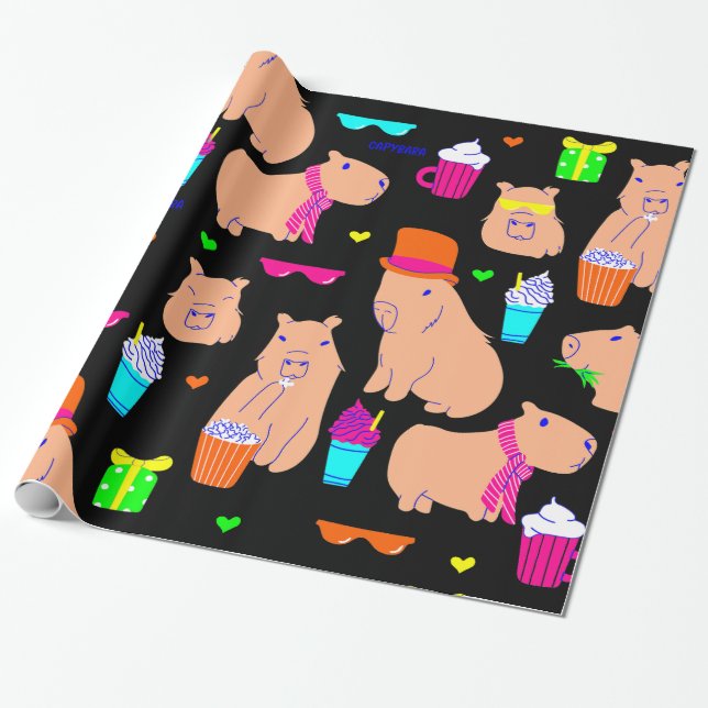söt kapybara, lustigt, svart presentpapper (Utrullad)
