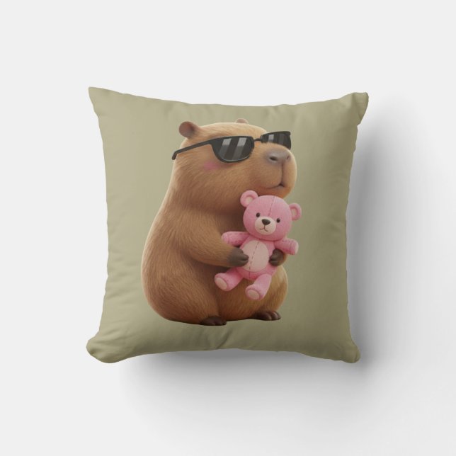 Söt Kapybara som kramar Teddybjörn Sagegrön Kudde (Framsida)