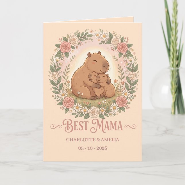 Söt Kapybaramamma Blomsterkrans för Mors Dag Kort (Framsida)