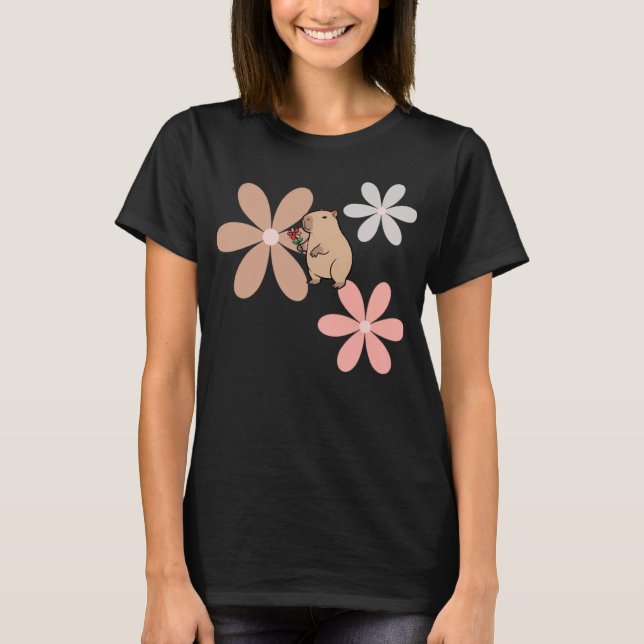 Söt Kapybarare Med Blomma T Shirt (Framsida)