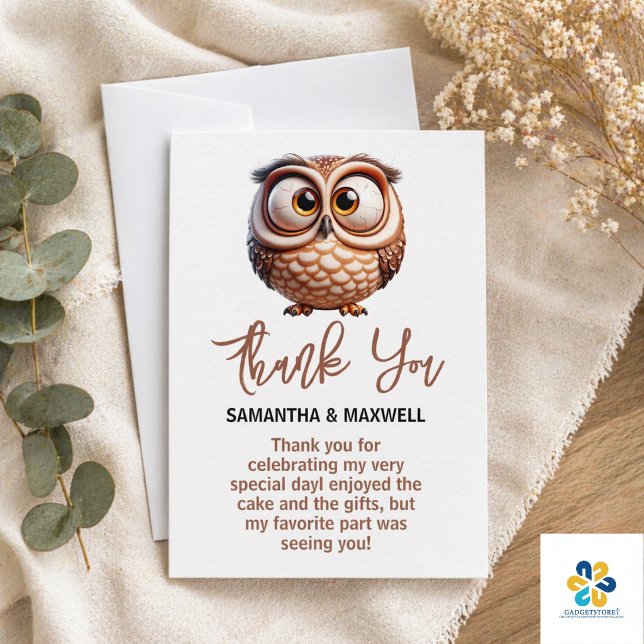 Söt karikatyr uggla baby boy shower tack kort (Cute Caricature Owl Baby Boy Shower Thank You Card)
