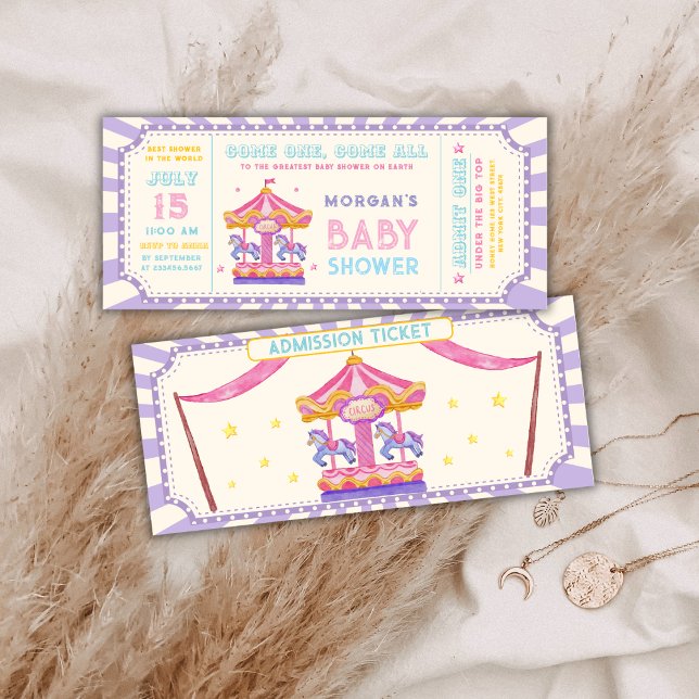 Söt Karusell Cirkus Biljett Karneval Bebis firande Inbjudningar (Cute Carousel Circus Ticket Carnival Baby shower Invitation)