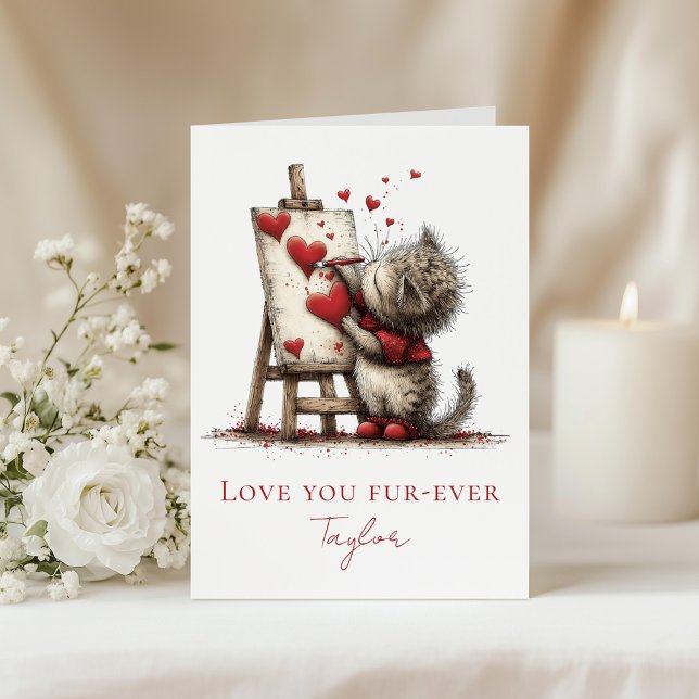 Söt katt Alla hjärtans dag-kort – älskar dig för-A Helgkort (Cute Cat Valentine’s Day Card – Love You Fur-ever on a table with white flowers and a candle.)