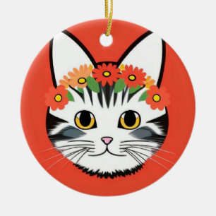 Söt Katt Ansikte Livlig Illustration Julgransprydnad Keramik