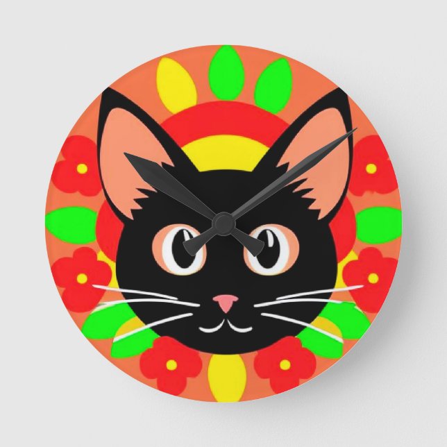 Söt Katt Ansikte Livlig Illustration Rund Klocka (Framsida)