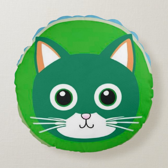 Söt Katt Ansikte Livlig Illustration Rund Kudde (Framsidan)