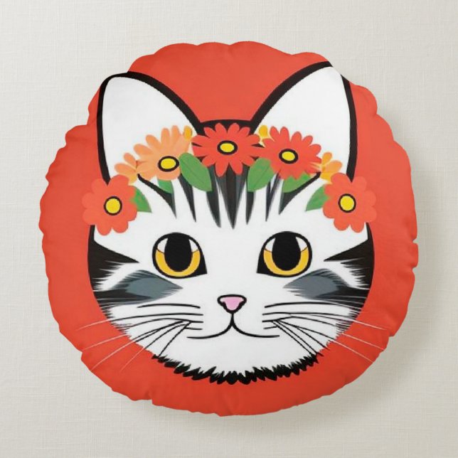 Söt Katt Ansikte Livlig Illustration Rund Kudde (Framsidan)
