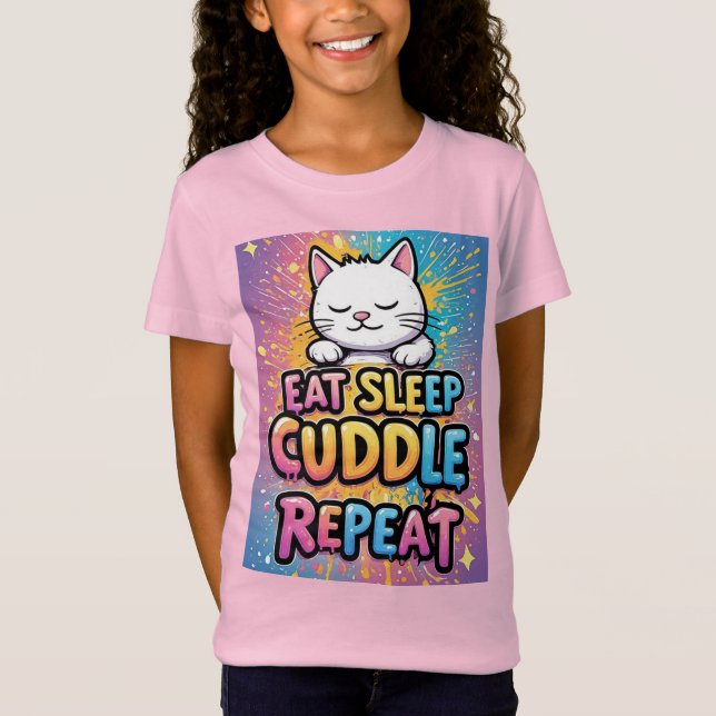 Söt Katt Äta Sova Kela Upprepa För Barn 🐱 T Shirt (Framsida)
