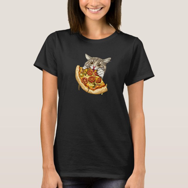 Söt katt äter pizza 1 t shirt (Framsida)