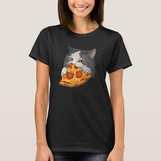 Söt katt äter pizza t shirt (Framsida)