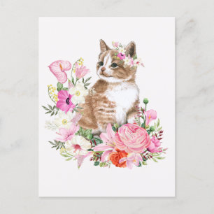Söt katt av vattenfärgad blommigt vykort