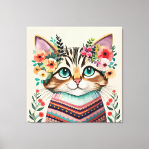 Söt Katt Blommig Akvarell