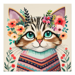 Söt Katt Blommig Akvarell Fototryck