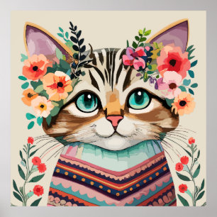 Söt Katt Blommig Akvarell Poster