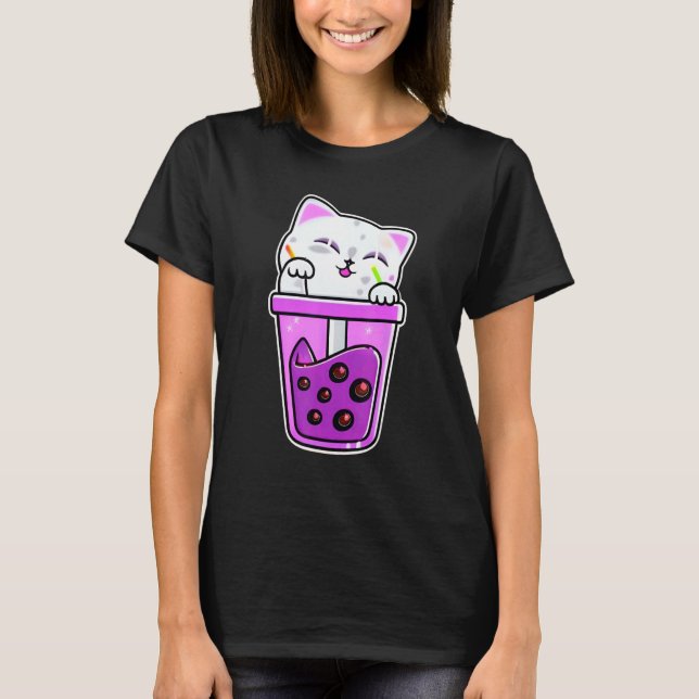 Söt Katt Boba Bubble Te Japansk Neko T Shirt (Framsida)
