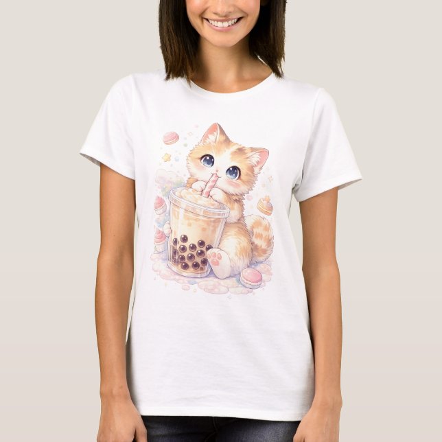 Söt Katt Boba Tröja, Kawaii Bubble Tea Katt T-Shir T Shirt (Framsida)
