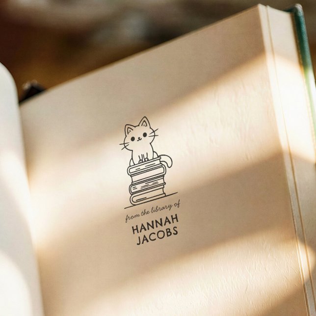 Söt katt & böcker från bibliotek hos Bok Självfärgande Stämpel (Skapare uppladdad)