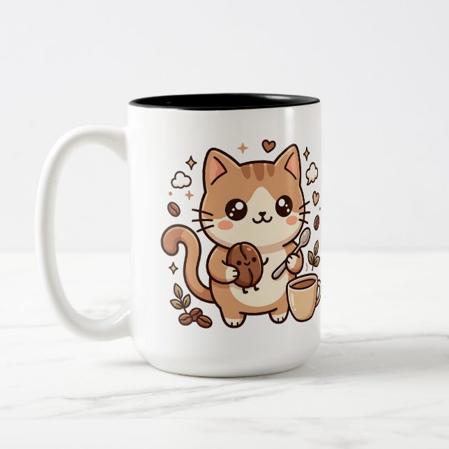 Söt Katt Böna & Sked Tvåtons Kaffemugg (Vänster)